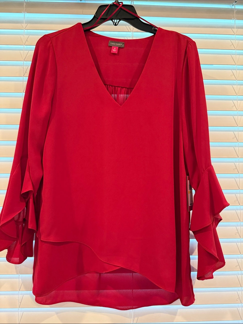 Vince Camuto Red V-Neck Ruffle Sleeve Tunic Blouse